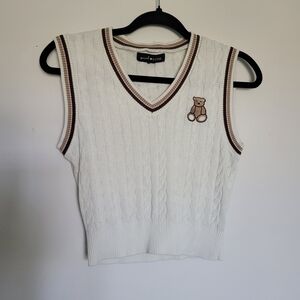 White Cable Knit Vest with Bear Patch